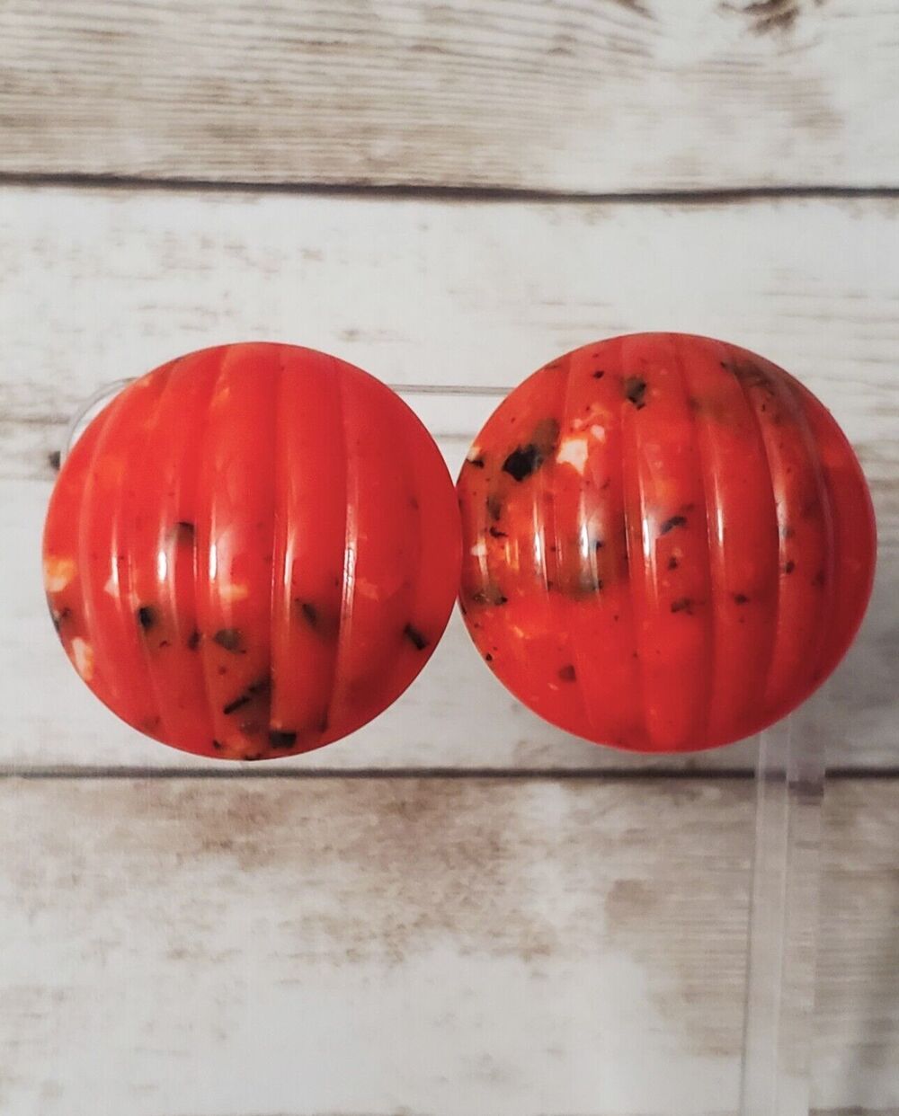 Vintage Clip On Earrings - Large Orange & Speckled Domed Circle 1.25"